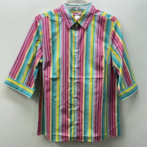 Vintage American Sweetheart Size M Button-Up Collared Shirt Multicolor Striped - Picture 1 of 5